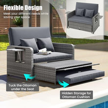LDAILY Moccha Outdoor Daybed, Wicker Loveseat Sofa Set with 4-Postion Adjustable Backrest, Storage Ottoman, Cushions, Rattan Double Bed Lounger, Patio Furniture Set (Mixed Gray+Gray)