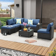 HTERWQEA 7-Piece Wicker Patio Furniture Set, Outdoor Sectional with 2 Sofas, Loveseat & Glass Coffee Table, Navy Blue Cushioned Conversation Set for Garden or Porch