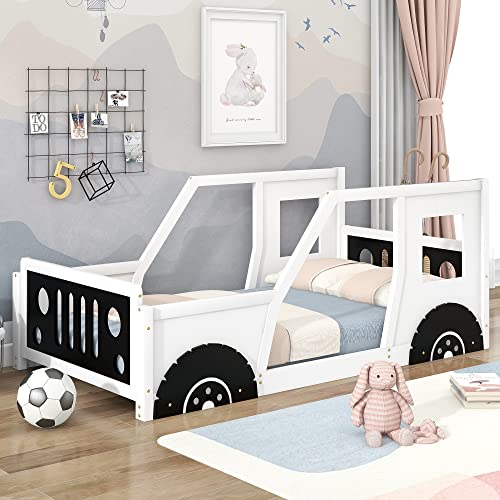 Winwee Twin Car-Shaped Platform Bed Frame with Wheels, White