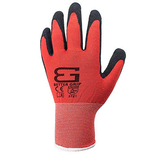 Better Grip (Box Deal) BGS-RED-9L-CS, Nylon Sandy Latex Coated Work Gloves, 144 Pairs/CS (Large, RED)