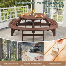 Festisoul Round Solid Fir Wood Picnic Dining Table for 10-12 People, Brown, 4 Built-in Curved Benches, 2" Umbrella Hole, 2,220-Lb Capacity for Patio, Garden & Backyard