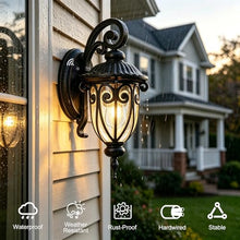 GOALPLUS 23 Inch Large Dusk to Dawn Outdoor Porch Lights for Garage, 2 Pack Bronze Wall Lantern with Photocell Sensor, Exterior Wall Light Fixture with Seeded Glass for House, Aluminium