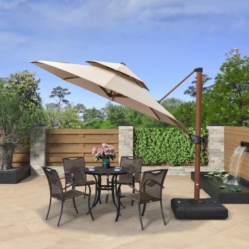 10 FT Double Top Round Wood Pattern Cantilever Umbrella With Base,Beige