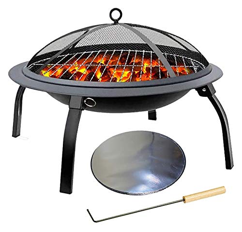 Outdoor Fire Pit Foldable Outdoor Fire Pit, Wood Burning Fireplace, Round Metal Brazier with Spark Sieve Cover Poker and 24 in