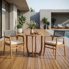 Merax 3-Piece Acacia Wood Outdoor Bistro Set for 2, Grey Rope Back Chairs with Cushions & Slat Top Table, Patio Bistro Table and Chairs Set Dining Set, Teak