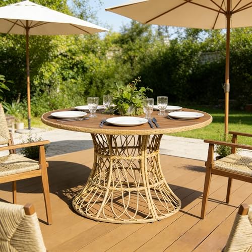 Christopher Knight Home Pella Farmhouse Acacia Wood Round Dining Table for 4-6 People, Patio Dining Room Table with Handwoven Wicker Base for Backyard/Garden, Slatted Design Outdoor Patio Table, Teak