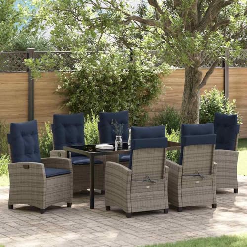 FUDUGEHMIOFWFJJ Modern 7-Piece Grey Poly Rattan Garden Dining Set with Cushions, Outdoor Patio Furniture with Tempered Glass Table Top for Backyard, Balcony, Poolside Dining and Entertaining
