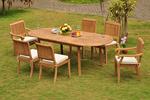 TeakStation 6 Seater 7 Pc Grade-A Teak Wood Dining Set: 94" Oval Table and 2 Stacking Arbor Arm & 4 Armless Chairs #TSDSABy