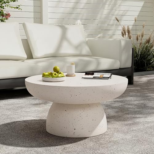 Christopher Knight Home Jade 27.5" Round Coffee Table, MGO Side Table for Patio Furniture Set, Modern Accent Table for Both Indoor and Outdoor Use, End Table for Patio/Deck/Garden, Terrazzo White