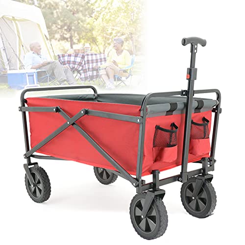 Steel Frame Beach Wagon Heavy Duty Cart, Collapsible Utility Outdoor Camping Garden Cart Study Frame with Large Wheels, Portable Garden Grocery Wagon for Outdoor Beach Festivals Camping (red)