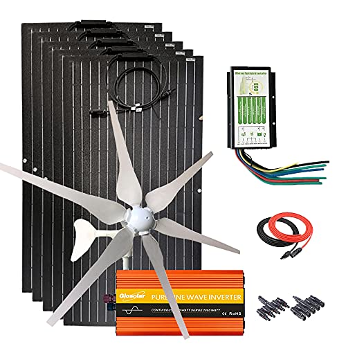 500W 12V ETFE Flexible Solar Panel + 400W Wind Turbine Generator + Hybrid Controller + 1000W Power Inverter 12V to 110V + Solar Extension Cable (900W Solar Wind Turbine Kit)