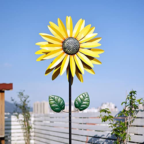 GenSDH Outdoor Patio Decor, Flower Garden Wind Spinner Large Metal Decor Wind Sculpture for Yard Garden Ornament Windmill Spike,Yellow 2M,Yellow 2m