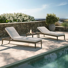 Modway Northlake Teak Outdoor Patio Set of 2 Chaise Lounges and Side Table in Weathered Gray White – 3-Piece Poolside Furniture Set with Adjustable Backrest and Weather-Resistant Cushions
