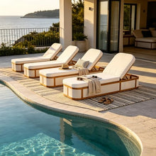 Merax Acacia Wood Chaise Lounge Set of 4, Outdoor Recliner Chair with 3-Position Adjustable Backrest, Water-Resistant Curved 2-Fold Cushion for Patio Poolside