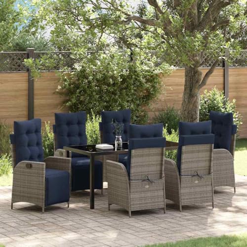 YNGBHFNOP Modern 7-Piece Outdoor Dining Set with Cushions, Grey and Black Rattan Patio Furniture Set, Adjustable Reclining Chairs and Glass Table for Garden, Terrace, Backyard
