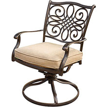 Hanover Monaco 7-Piece Outdoor Patio Dining Set with 6 Cushioned Swivel Rocker Chairs, 60" Round Table, Umbrella & Base, Tan