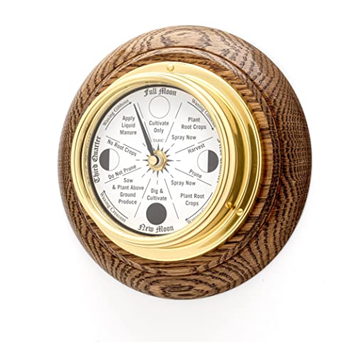 Tabic Classic Brass Moon Gardening Clock Mounted on an English Oak Wall Mount, 21.5cm x 7.5cm
