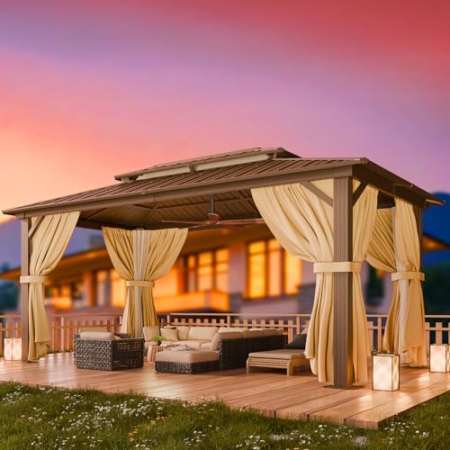 HOTEEL 10x15 Hardtop Gazebo On Clearance with Heavy Duty Galvanized Steel Metal Roof, Patio Hard Top Gazebo with Curtains & Netting,Outdoor Permanent Hot Tub Gazebo Pavillon for Backyard,Deck, Brown