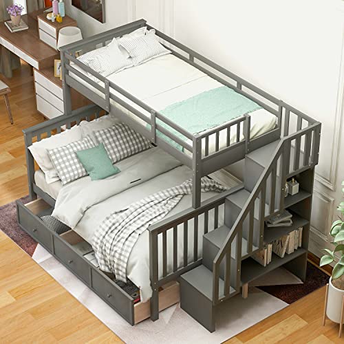 MERITLINE Twin Over Full Bunk Bed with Storage Drawers, Shelves, Guardrails, and Stairs Grey