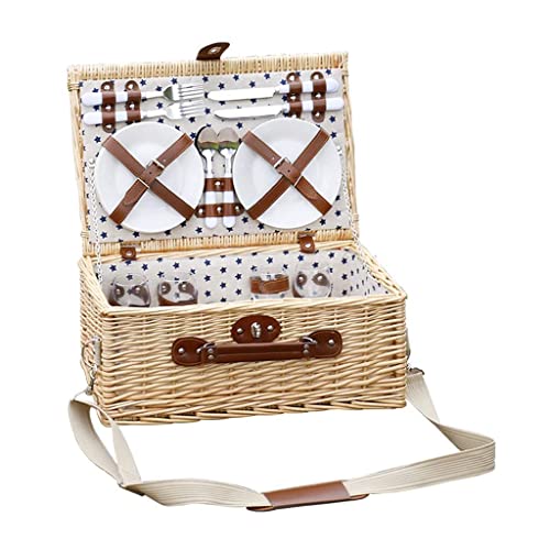 ZYBB Outdoor Picnic Basket Wicker Picnic Basket with Cutlery Handle and Shoulder Strap Large Storage Basket for 4 (Color:B)