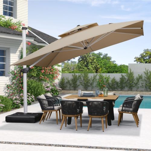 12' x 12' Square Silver Thicker Pole Cantilever Umbrella With Base,Beige