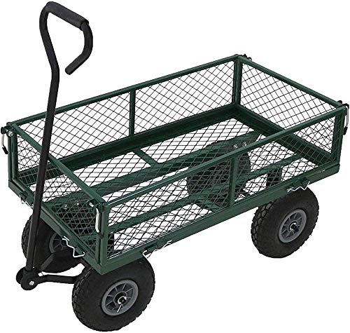 Heavy Duty Metal Gardening Trolley - Green Trailer Cart Pull Wagon Hand Trucks Garden Transport Cart for Outdoor