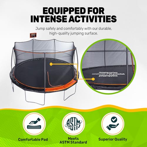 JumpKing 15 ft Trampoline with Safety Enclosure & Basketball Hoop Black/Orange