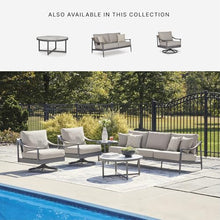 Signature Design by Ashley North Island Outdoor Loveseat, Powder-Coated Aluminum Frame, UV-Resistant Nuvella Fabric Cushions, Contemporary Porch and Patio Seating, Gray/Wood Tones