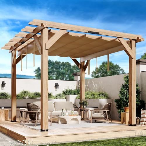 10x10 Ft Cedar Wood Pergola with Retractable Oxford Fabric Canopy, Backyard Discovery Pergola Use Solid Structure - Weather Resistant Rot Proof Pergolas for Patios, Deck, Garden Outdoor