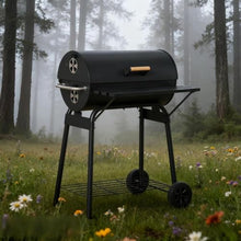 Charcoal Barrel Grill with Wheels, 30 Inch Outdoor BBQ Smoker with Adjustable Air Vents, Side Shelf, and Storage Rack