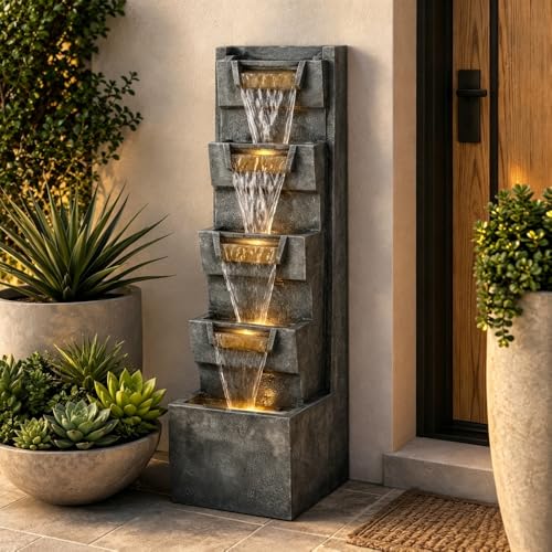 39.4" Outdoor Water Fountain, Tall 4-Tier Cascading Waterfall Fountain with Warm LED Lights, Stone-Look Resin Water Feature with Quiet Pump for Patio Garden Porch Entryway Backyard Decor