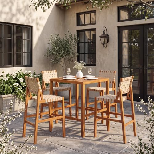 Christopher Knight Home Balew 5-Piece Outdoor Bar Set, Acacia Wood Patio Bar Table and Chairs Set, Solid Wood Patio Dining Set for 4 with Bar Stools,Teak + Beige