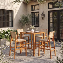 Christopher Knight Home Balew 5-Piece Outdoor Bar Set, Acacia Wood Patio Bar Table and Chairs Set, Solid Wood Patio Dining Set for 4 with Bar Stools,Teak + Beige