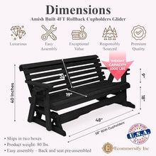 5 FT BLACK Porch ROLLBACK Glider Cupholders Bench for 3 Person, Amish-Made Pine Wood Patio Glider, Smooth Glide, Balanced Construction, Even Weight Distribution, Relaxed Seating Angle, Made in USA