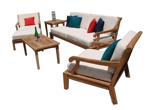 WholesaleTeak Sack 5 Pc Sofa Set: Sofa, 2 Lounge Chairs, Coffee Table & Side Table with Sunbrella Cushions in Outdoor Fabric #57003 Canvas White #12SK5