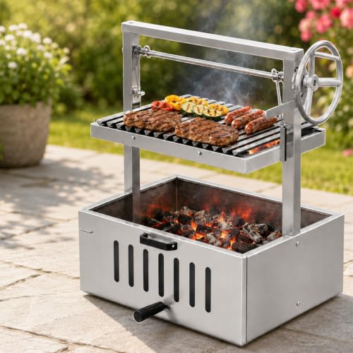 Backyard Charcoal Grill, Hand-Crank Adjustable Grate, Stainless Steel 201StainlessSteel