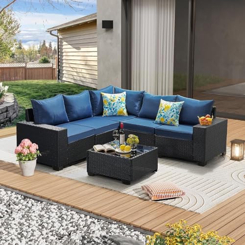 HTERWQEA 6-Piece Outdoor Patio Furniture Set, Small Wicker Rattan Conversation Set with Glass Coffee Table for Backyard, Porch, or Balcony