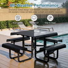 Homyee Metal Picnic Table & Built-in Bench Set with Rounded Table Corners and Umbrella Hole for Backyard, Outdoor Table and Bench Set with Steel Frame and Slotted Design for Lawn (Black)
