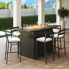 LeisureMod Chelsea Collection Aluminum Outdoor Dining Set with Fire Pit Table and 6 Bar Chairs Beige