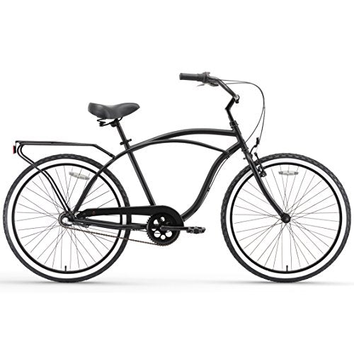 sixthreezero Men's Beach Cruiser Bike 7-Speed Step-Through Touring Hybrid Bicycle Matte Black w/ Black Seat/Grips