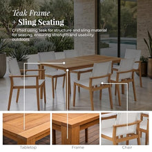 POVL Outdoor Menlo 7-Piece Teak Hardwood Patio Dining Set for 6 — 63" x 35.5” Compact Rectangular Grade A Teak Table, 2 Stacking Armchairs & 4 Stacking Side Chairs - for Small Patios & Decks (White)