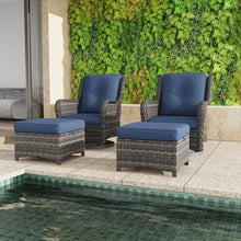 MeetLeisure 5 Piece Outdoor Patio Furniture Set Wicker Conversation Bistro Set Swivel Rocking Chairs with Side Table and Ottomans for Backyard, Porch, Deck(Mixed Grey/Blue)