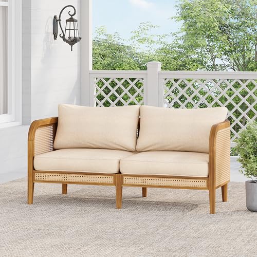 Christopher Knight Home Tilden Acacia Wood Outdoor Loveseat, 2-Seater Patio Furniture Sofa with Wicker Accent, Wooden Patio Sofa Couch with Armrest+Cushions, Comfy Lounging/Reading Chair, Teak+Beige