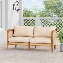Christopher Knight Home Tilden Acacia Wood Outdoor Loveseat, 2-Seater Patio Furniture Sofa with Wicker Accent, Wooden Patio Sofa Couch with Armrest+Cushions, Comfy Lounging/Reading Chair, Teak+Beige