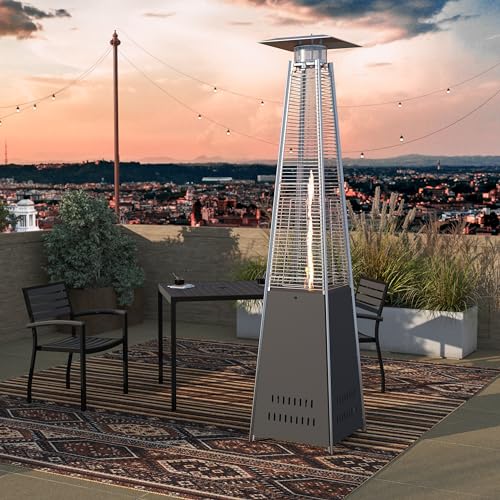 Taylor & Logan Bradford 42,000 BTU's Pyramid Patio Heater - Stainless Steel Slate Gray Outdoor Deck Heater With Wheels - 7.5 Feet Tall - Push Button Ignition
