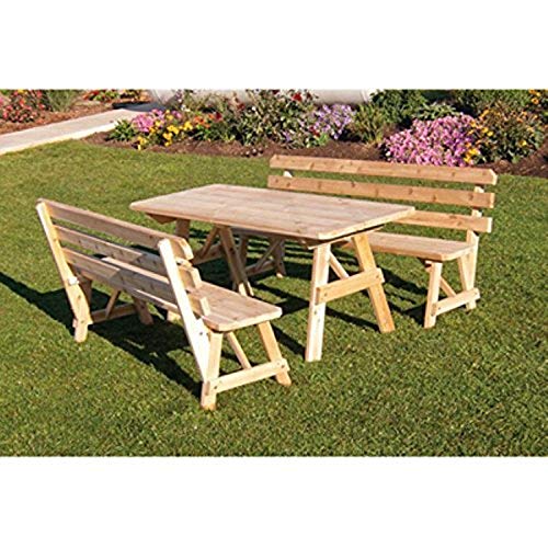 A & L Furniture Table with 2 Backed Benches with Umbrella Hole, Cedar Stain