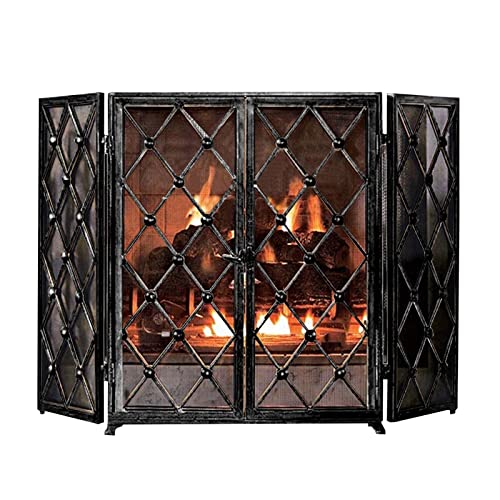 Rustic Fireplace with Doors Folding Iron Mesh Fire Pit 52 Wide X 32 High Industrial Privacy for Kid Proof