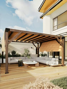 KYBOLT 12x14 Ft Wood Pergola with Retractable Sunshade Canopy Reddish-Brown