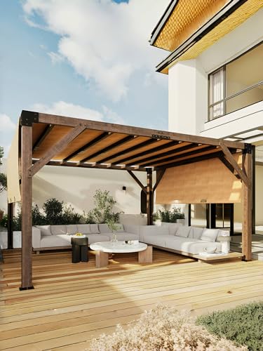 KYBOLT 12x14 Ft Wood Pergola with Retractable Sunshade Canopy Reddish-Brown