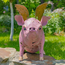 Zaer Ltd. Pink Pig Metal Garden Statue with Golden Wings, 34.75 x 20 x 30.5 inches, Outdoor Yard Art Decor